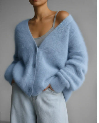 Acrylic Fuzzy Knit Cardigan, V-Neck Open Front, Relaxed Oversized