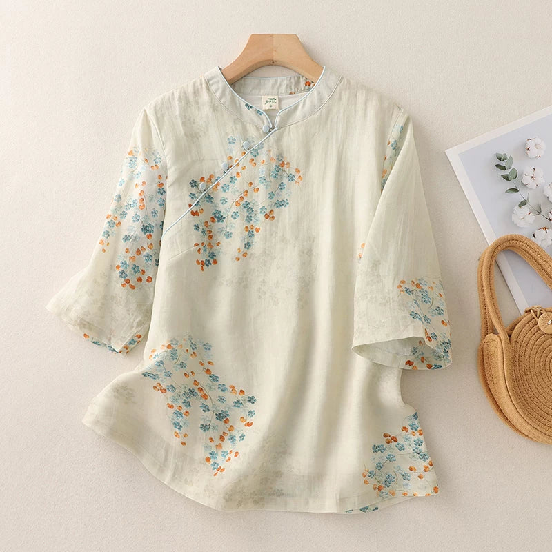 Floral Print Cotton Linen Three Quarter Sleeve Shirt