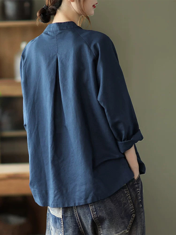 Cotton Linen Small Stand Collar Three Quarter Sleeve Shirt