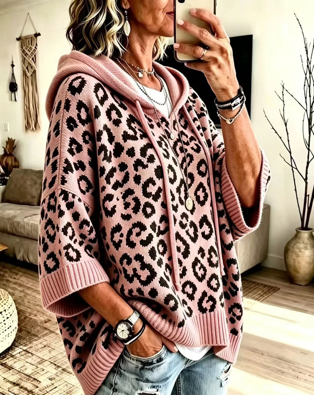Leopard Jacquard Hooded Knit Top, Oversized Pullover
