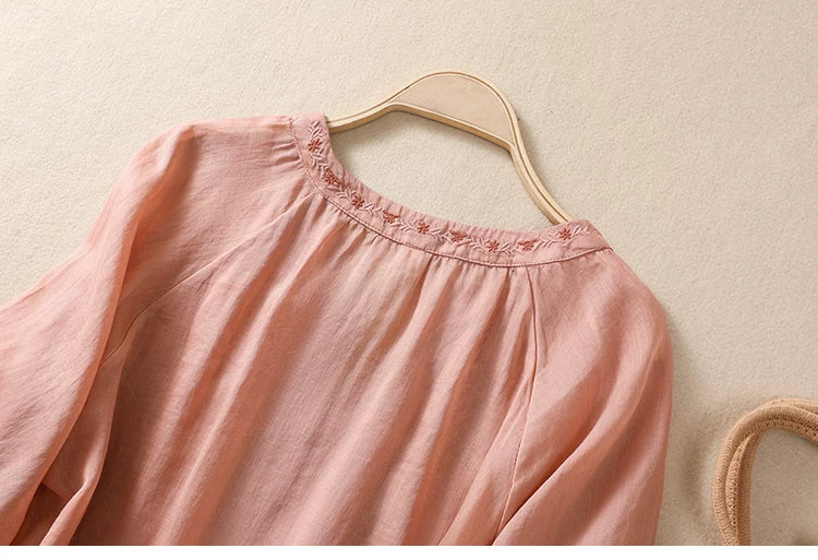 Embroidered Three Quarter Sleeve Blouse, Cotton Linen