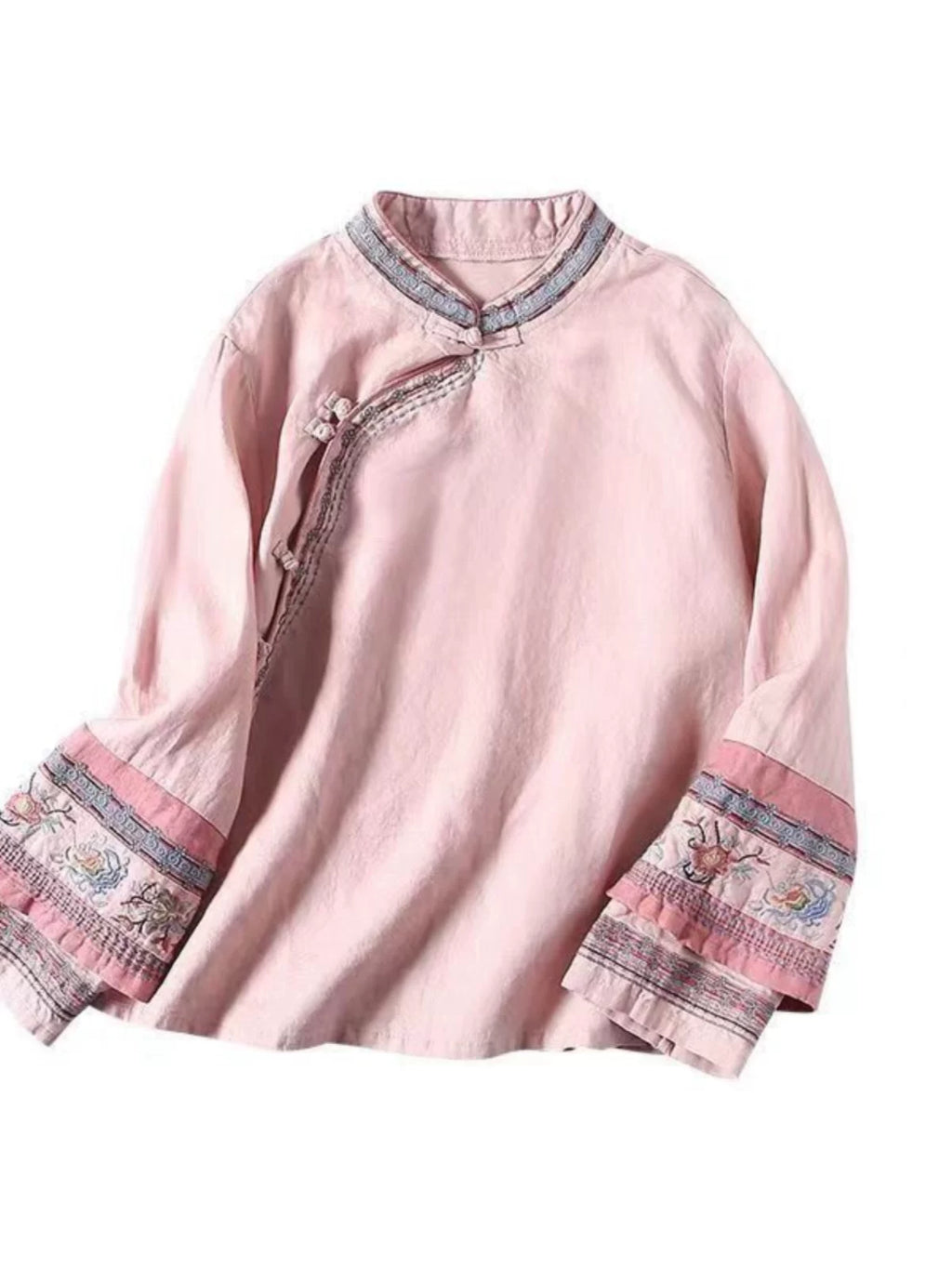 Embroidered Long Sleeve Shirt, Cotton Linen, Rounded Neckline