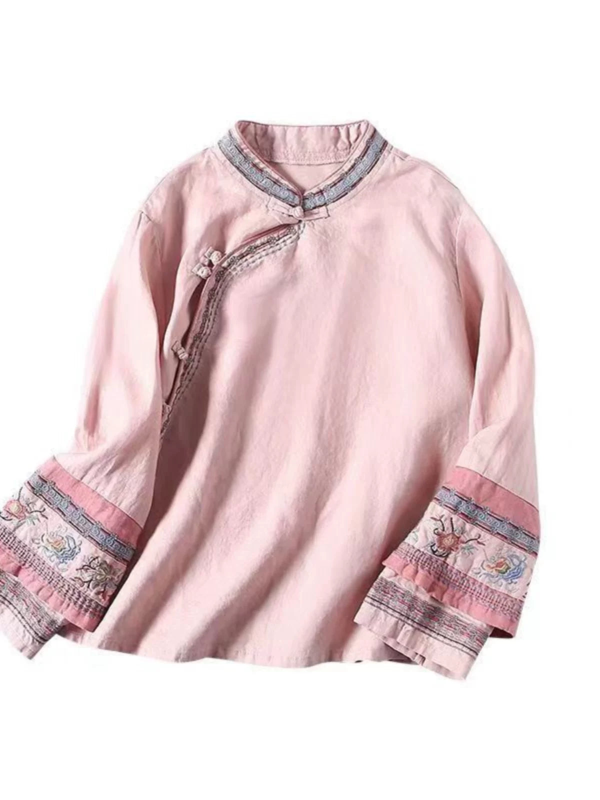 Embroidered Long Sleeve Shirt, Cotton Linen, Rounded Neckline