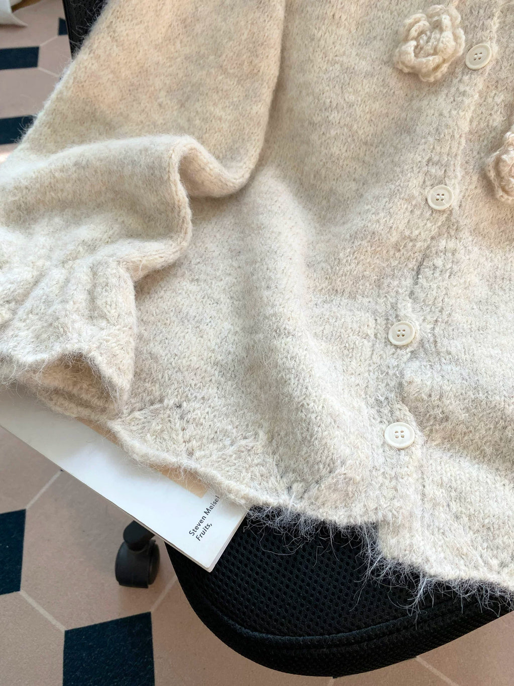 Floral Appliqué Fuzzy Knit Cardigan