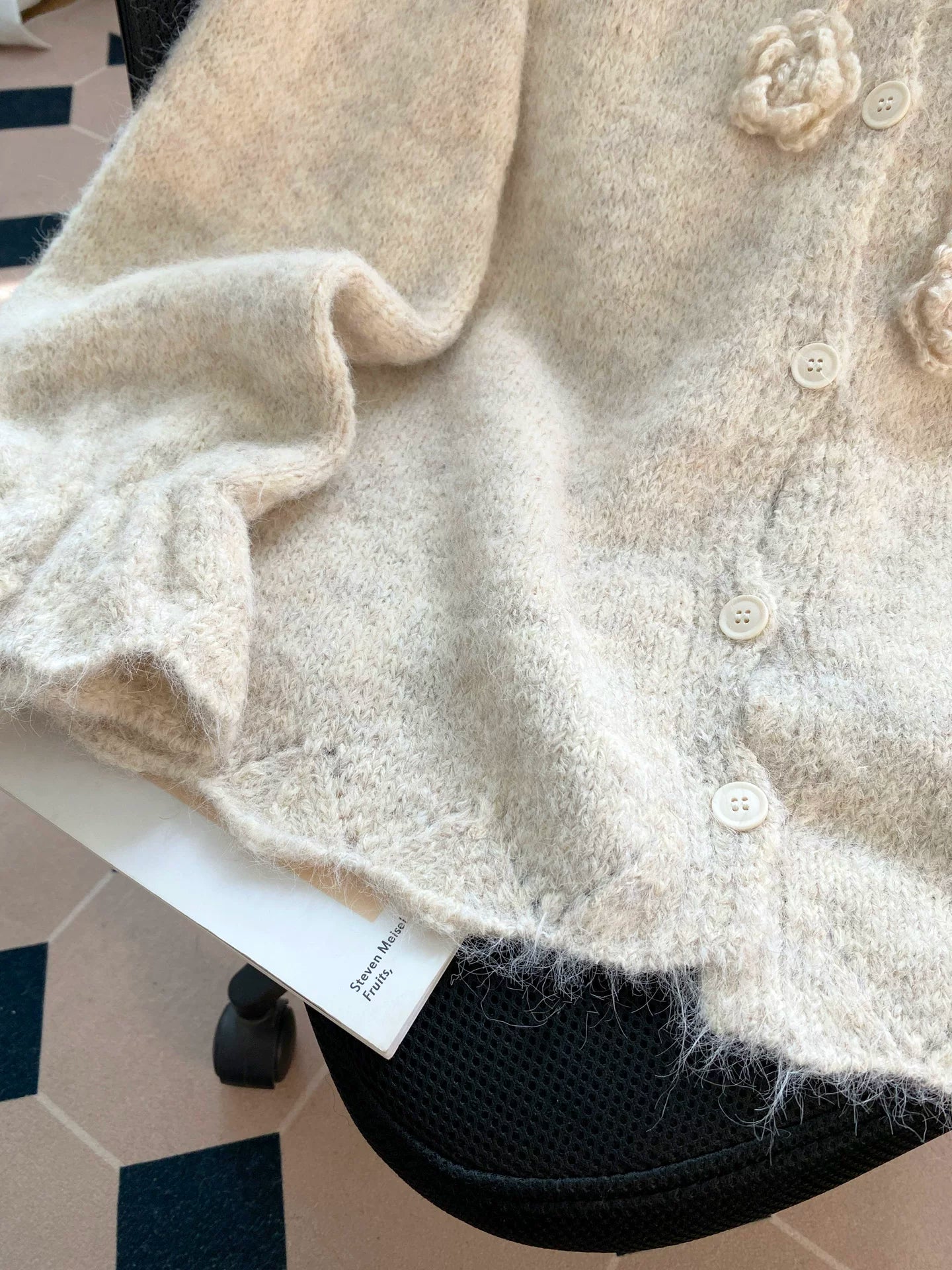 Floral Appliqué Fuzzy Knit Cardigan