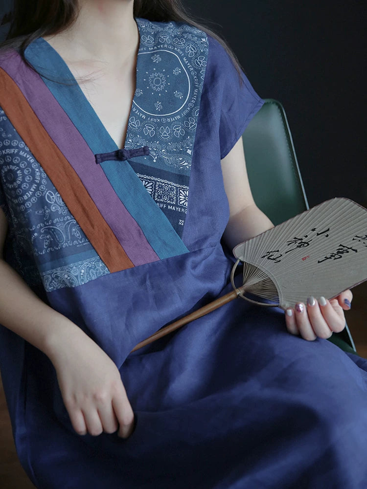 Relaxed Linen-Cotton Midi Dress with Frog Buttons