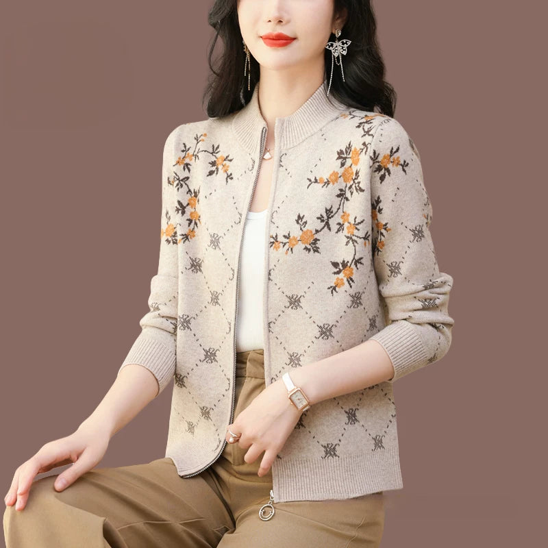 Floral Jacquard Zip-Front Cardigan, Small Stand Collar
