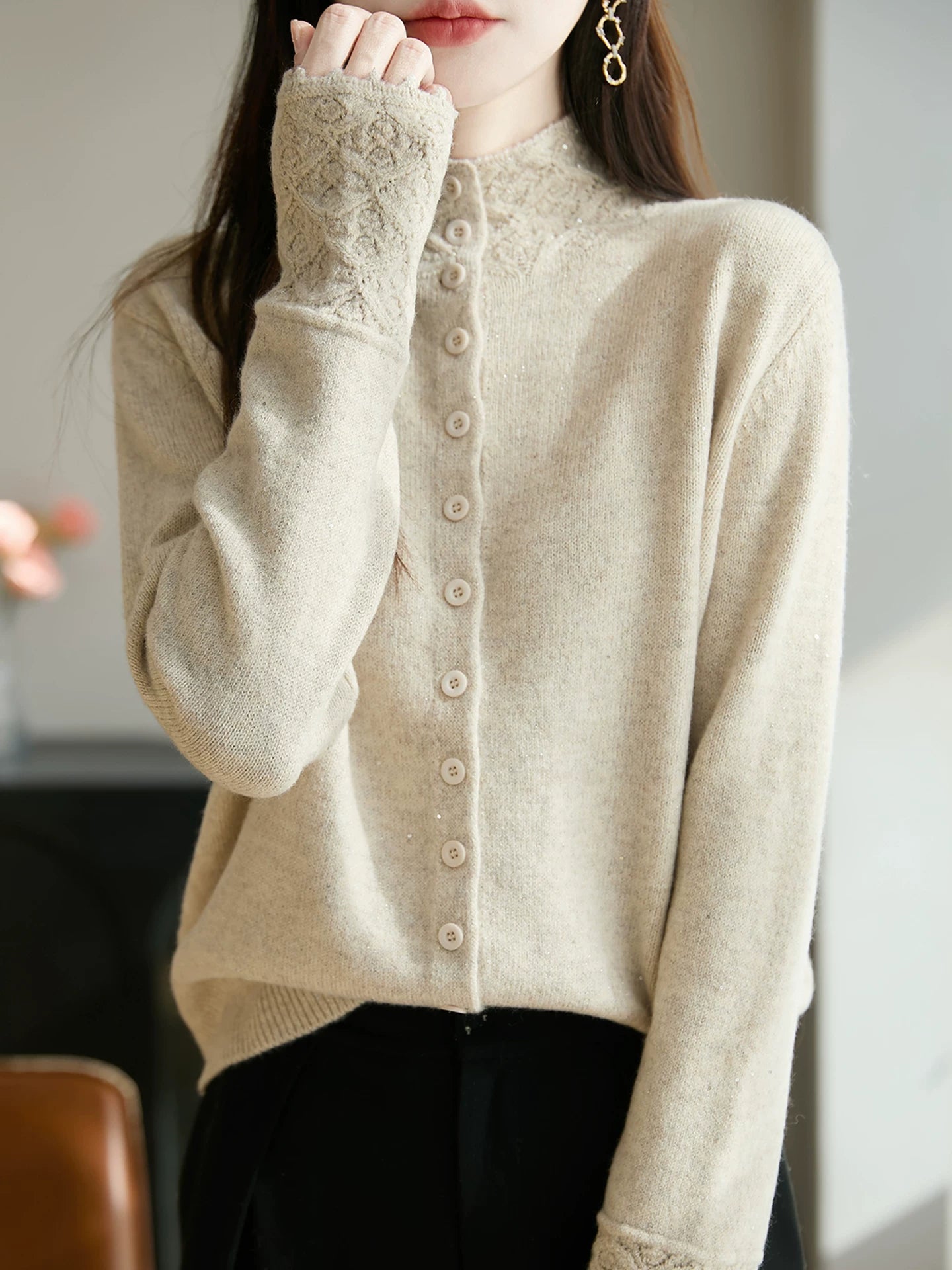 Soft Knit Cardigan with Lace Trim & Shiny Flecks