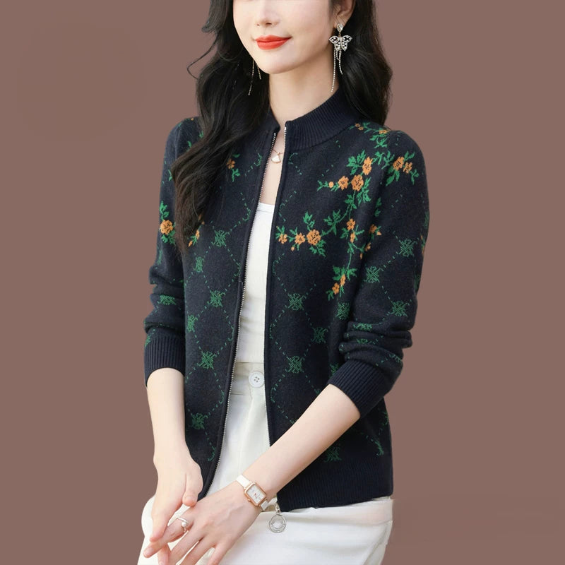 Floral Jacquard Zip-Front Cardigan, Small Stand Collar