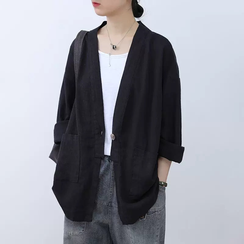 清仓捡漏~日系一粒扣纯色开衫外套女宽松休闲棉麻料长袖上衣