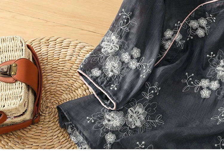 Embroidered Cotton Linen Three Quarter Sleeve Shirt