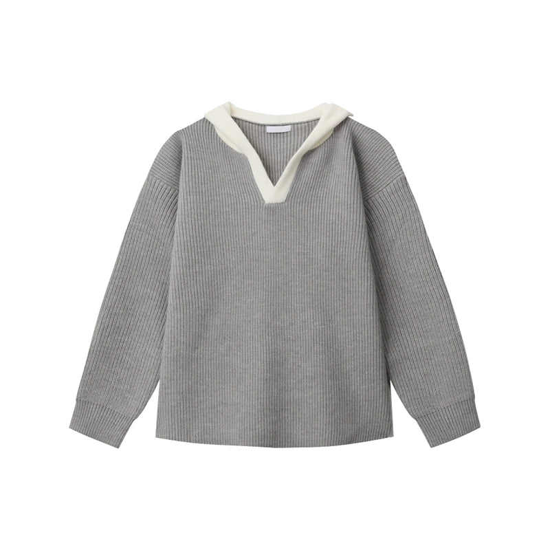 Versatile Retro V-neck Colorblock Ribbed Hooded Sweater