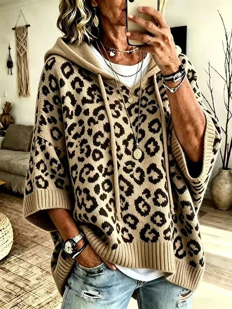 Leopard Jacquard Hooded Knit Top, Oversized Pullover