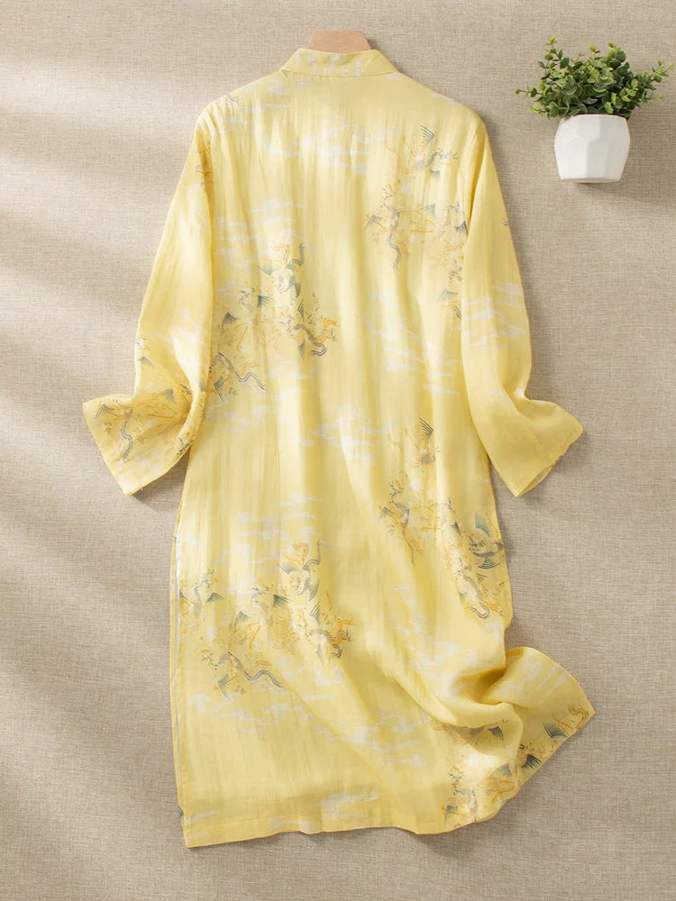 Dragon Crane Print Cotton Linen Three Quarter Sleeve Maxi Dress
