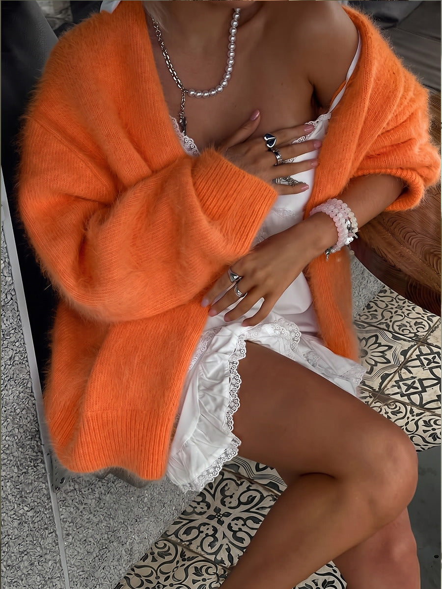 Acrylic Fuzzy Knit Cardigan, V-Neck Open Front, Relaxed Oversized