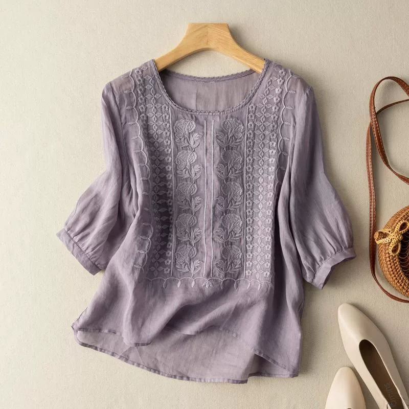 Embroidered Relaxed Top with Elbow-Length Sleeves