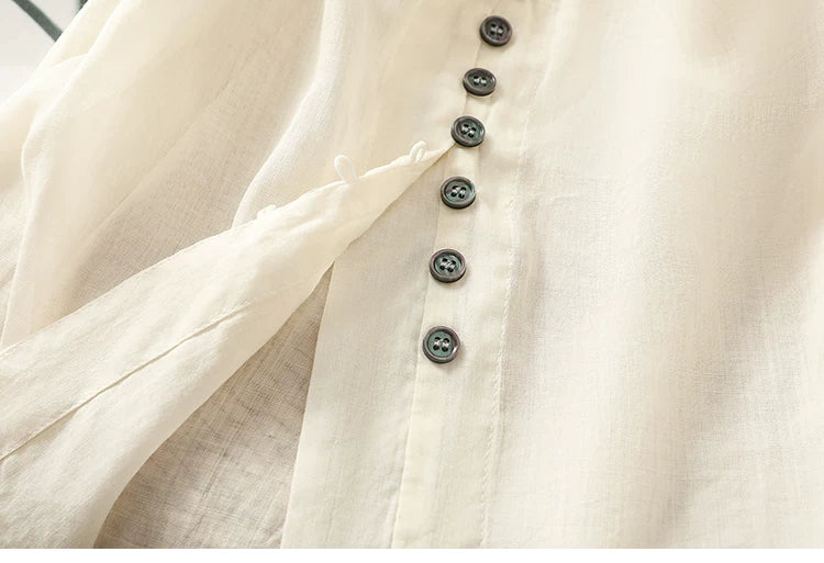 Cotton Linen V-Neck Long Sleeve Shirt with Lantern Sleeves