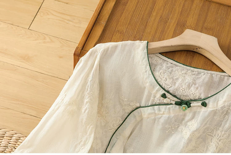 Embroidered Cotton Linen Three Quarter Sleeve Shirt