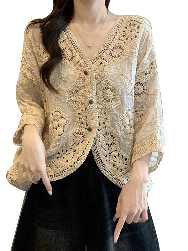 Crochet-Overlay Cardigan with V-Neck Button Front