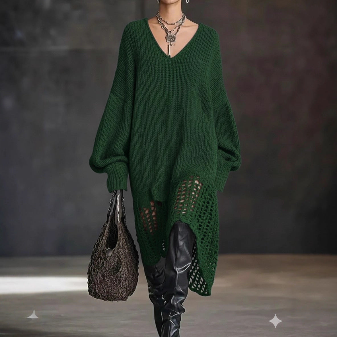 Oversized Knit Dress with V-Neck & Mesh Hem