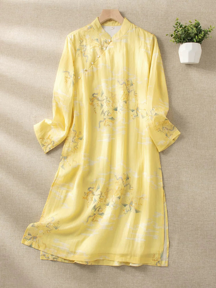Dragon Crane Print Cotton Linen Three Quarter Sleeve Maxi Dress