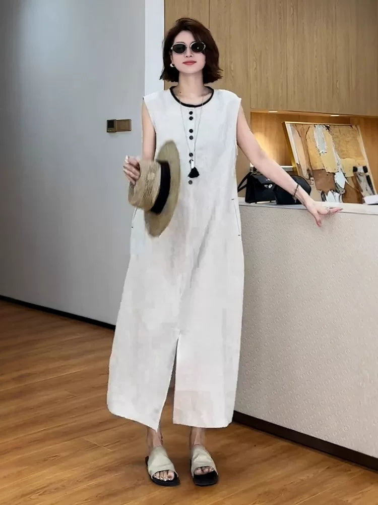 French Linen Sleeveless Midi Dress with Side Slit