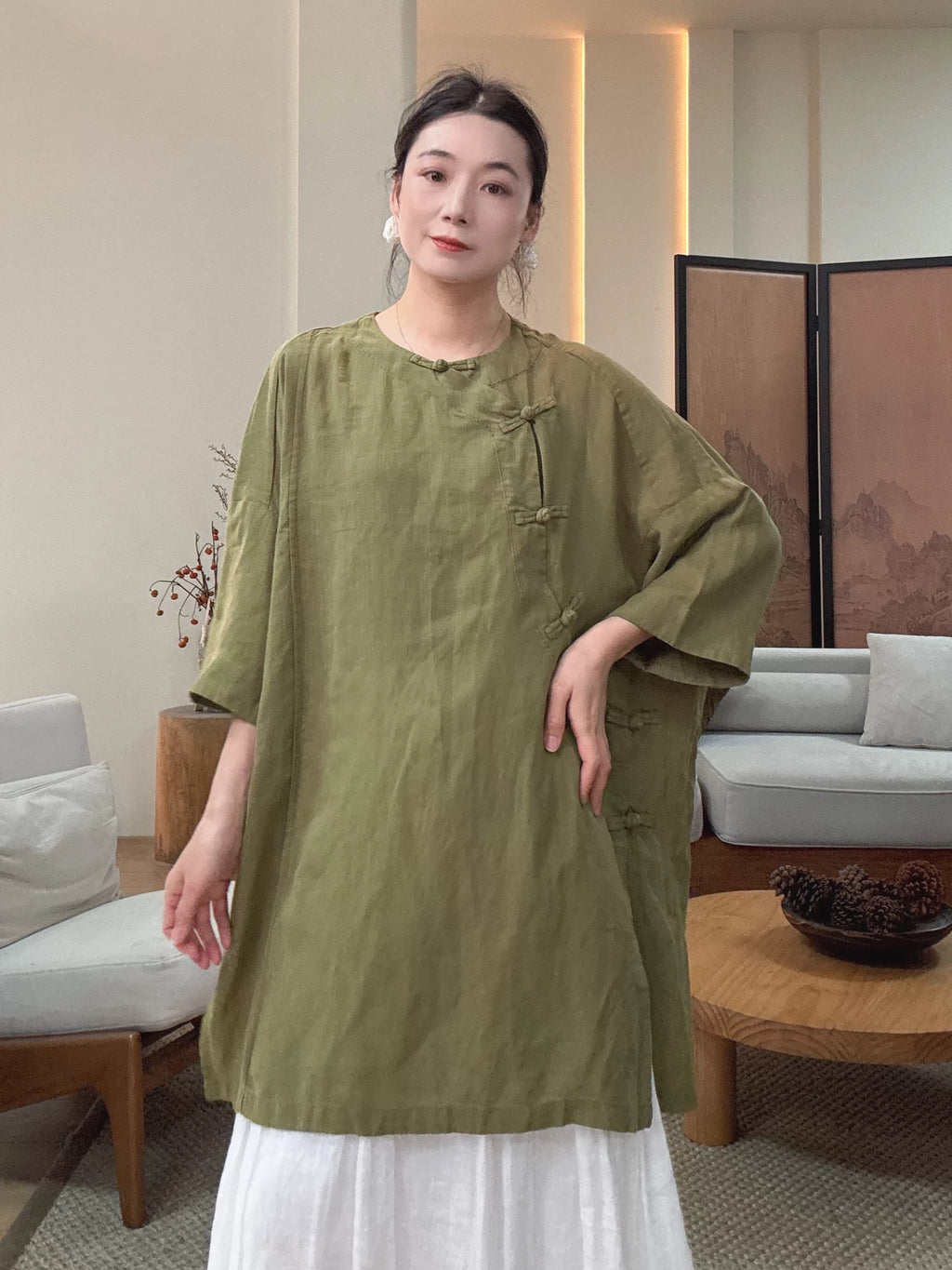 Relaxed Linen Tunic Dress with Frog Buttons