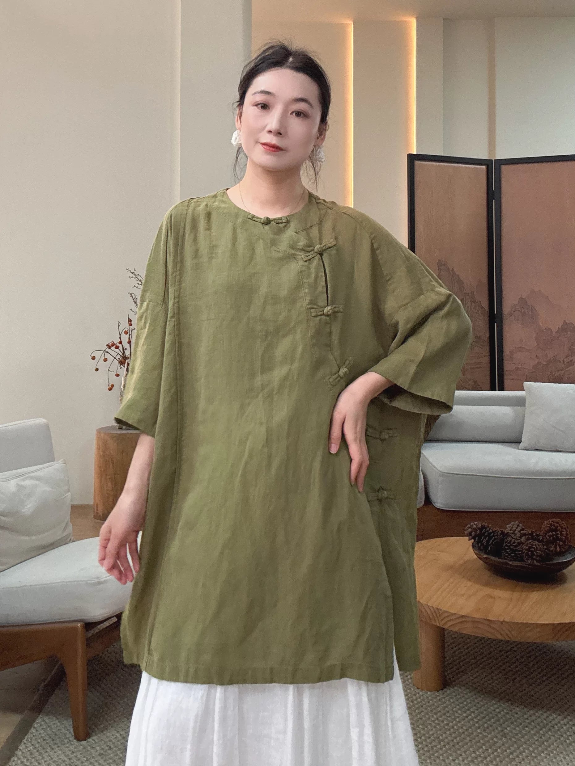 Relaxed Linen Tunic Dress with Frog Buttons