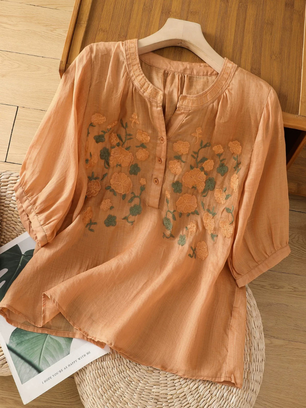 Embroidered Three Quarter Sleeve Cotton Linen Shirt