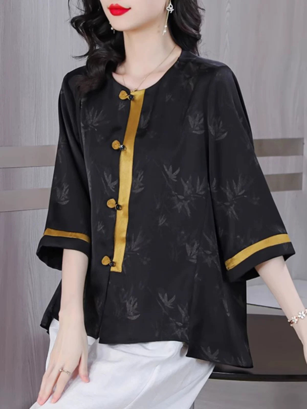 Black Silky-Feel Button Top with Bamboo Jacquard