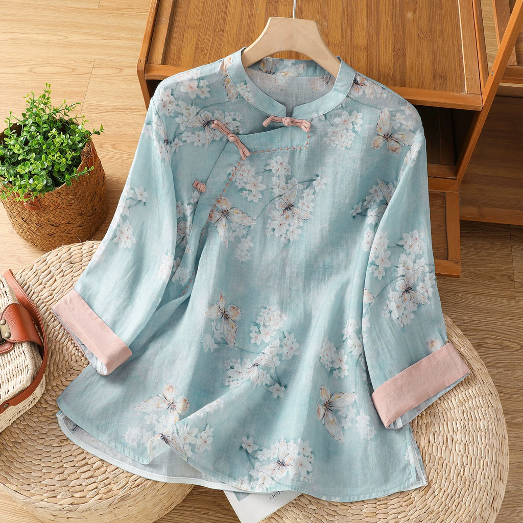 Floral Butterfly Print Three Quarter Sleeve Shirt