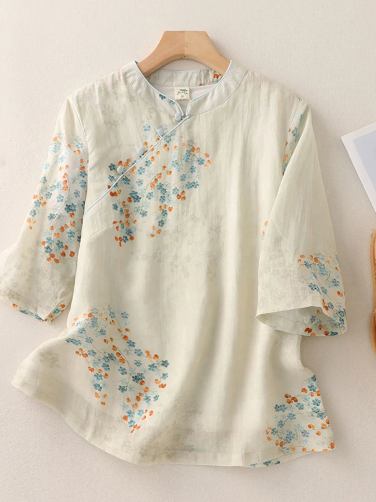 Floral Print Cotton Linen Three Quarter Sleeve Shirt