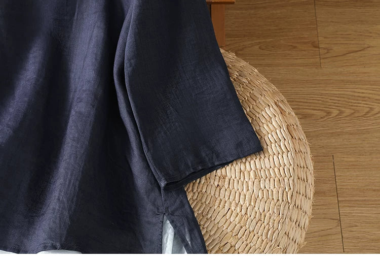 Cotton Linen Three Quarter Sleeve Shirt with Contrast Trim