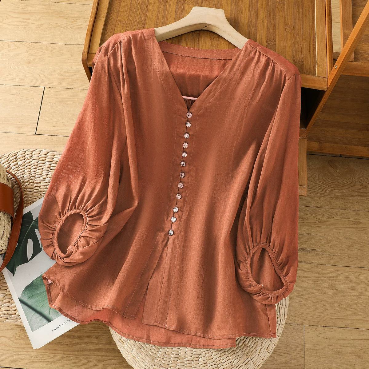 Cotton Linen V-Neck Long Sleeve Shirt with Lantern Sleeves
