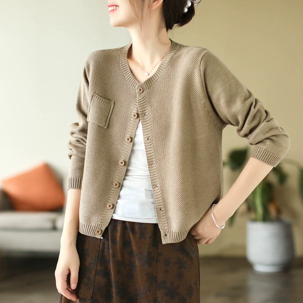 Cotton-Blend Knit Cardigan with V-Neck & Chest Pocket