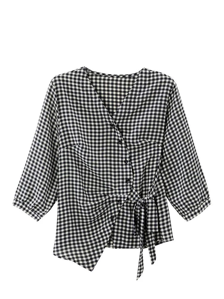 Gingham Wrap Blouse with Self-Tie Knot