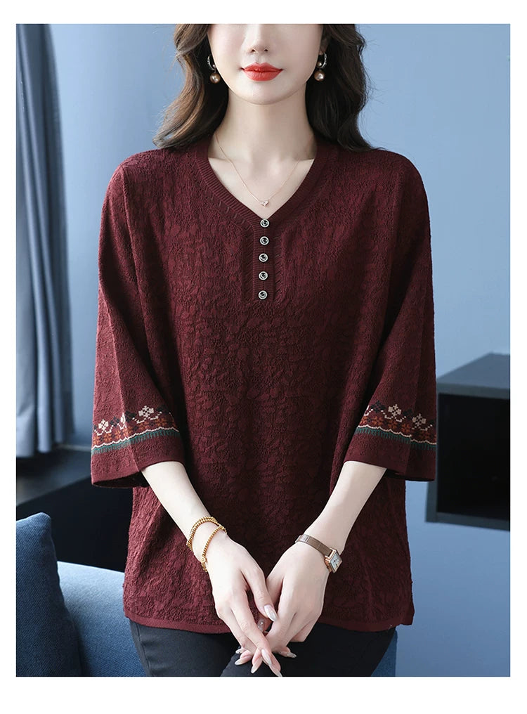 Textured Woven Blouse with Embroidered Cuffs