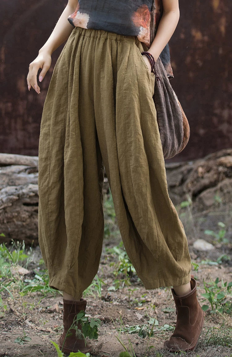 Balloon-Leg Pants in Linen-Look Textured Fabric