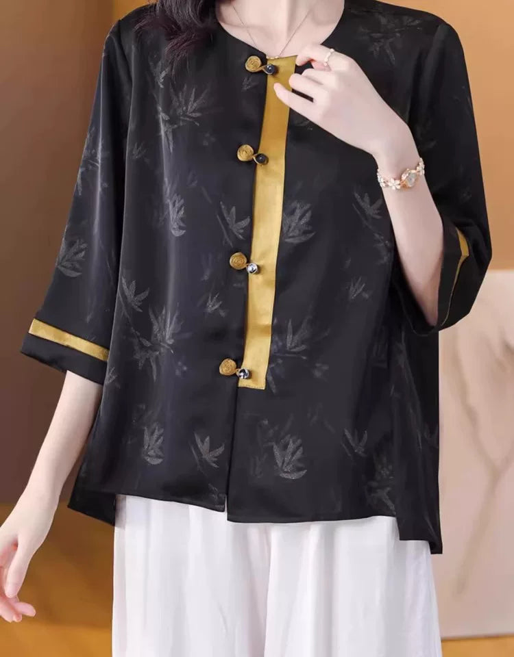 Black Silky-Feel Button Top with Bamboo Jacquard