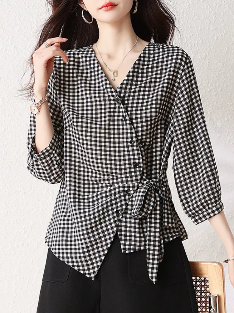 Gingham Wrap Blouse with Self-Tie Knot