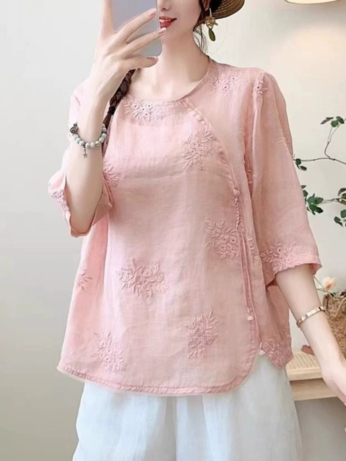Embroidered Three Quarter Sleeve Shirt, Cotton Linen