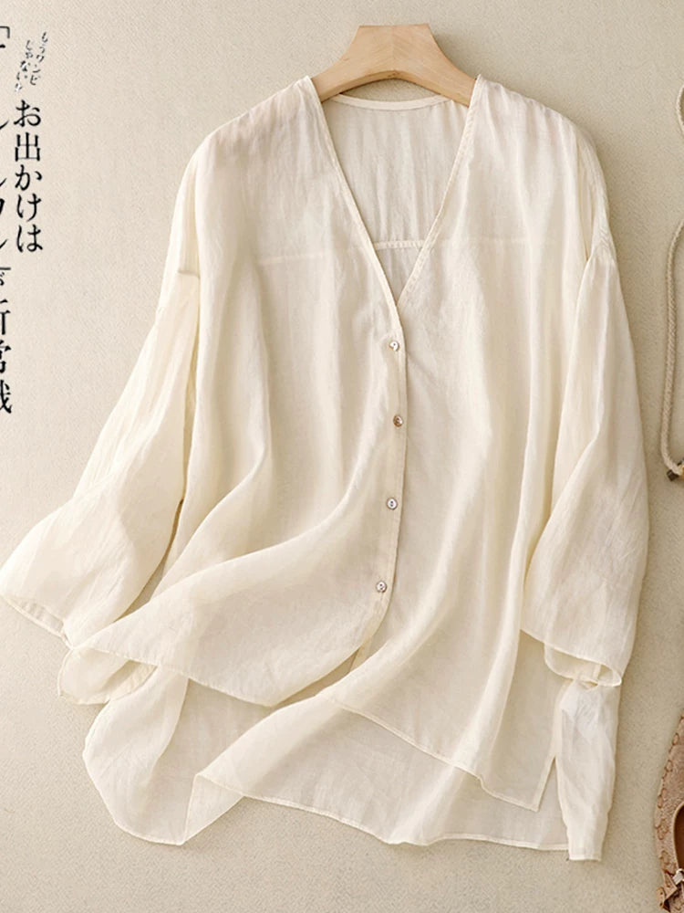Cotton Linen V-Neck Three Quarter Sleeve Shirt