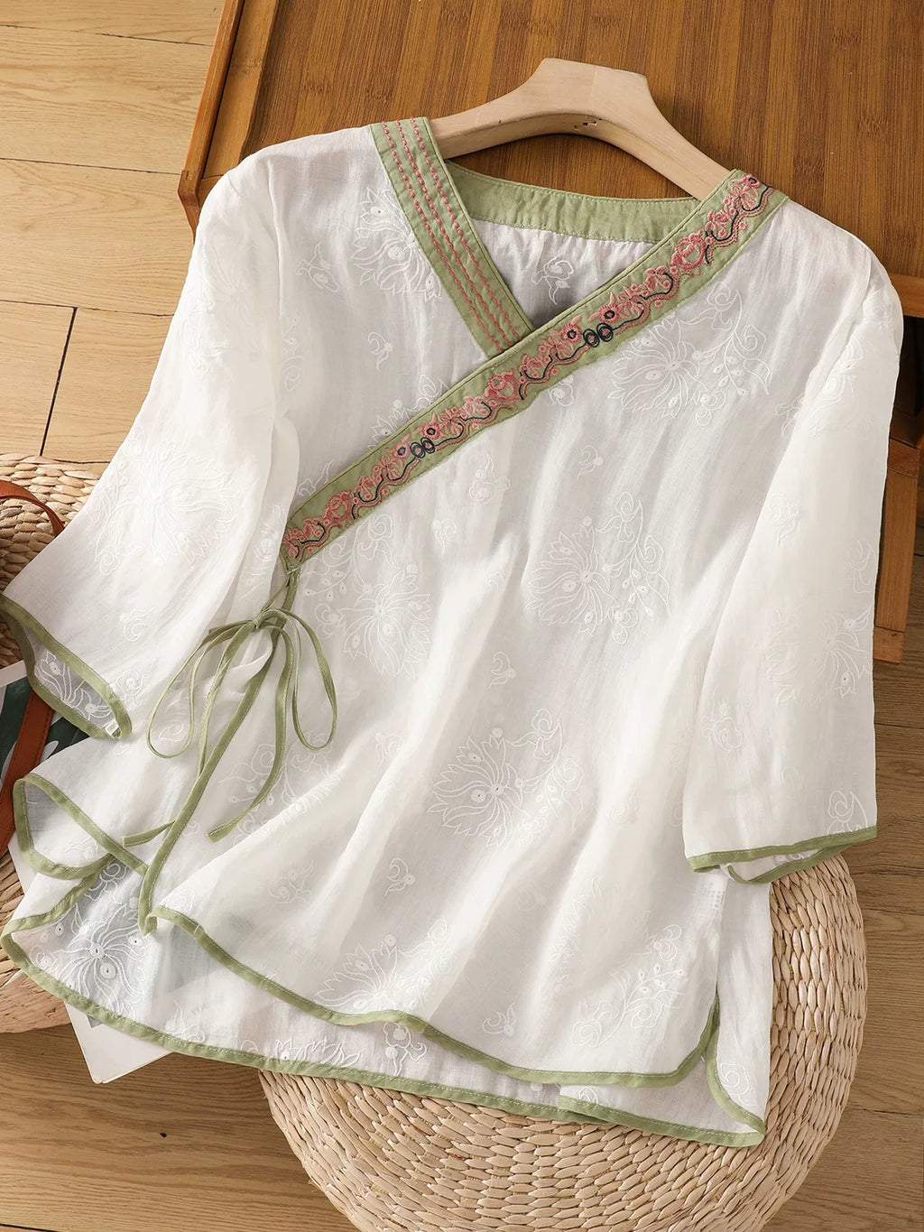 Embroidered Trim Three Quarter Sleeve Shirt