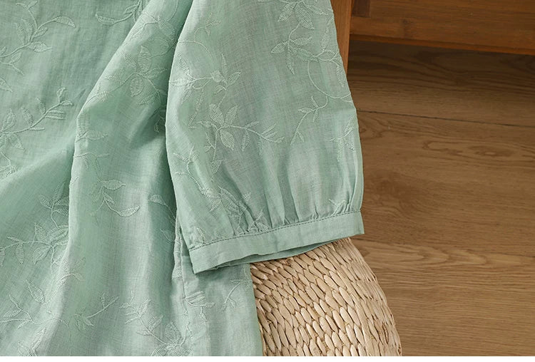 Embroidered Botanical Vine Cotton Linen Three Quarter Sleeve Shirt