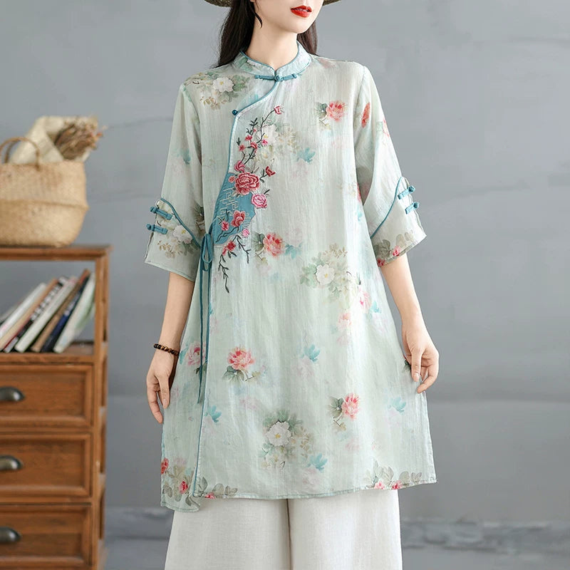 Relaxed Floral Tunic with Embroidered Panel & Tie Detail