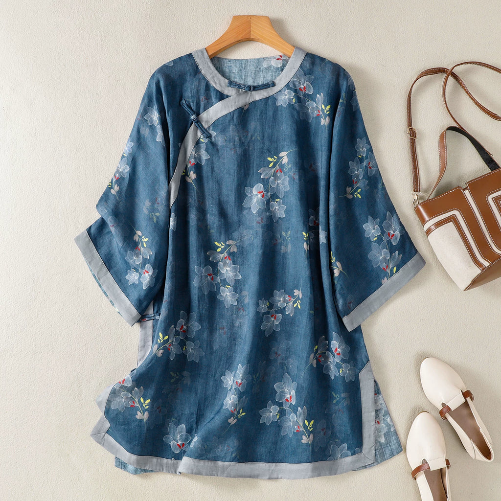 Cotton-Linen Tunic with Chinese-Style Stand Collar