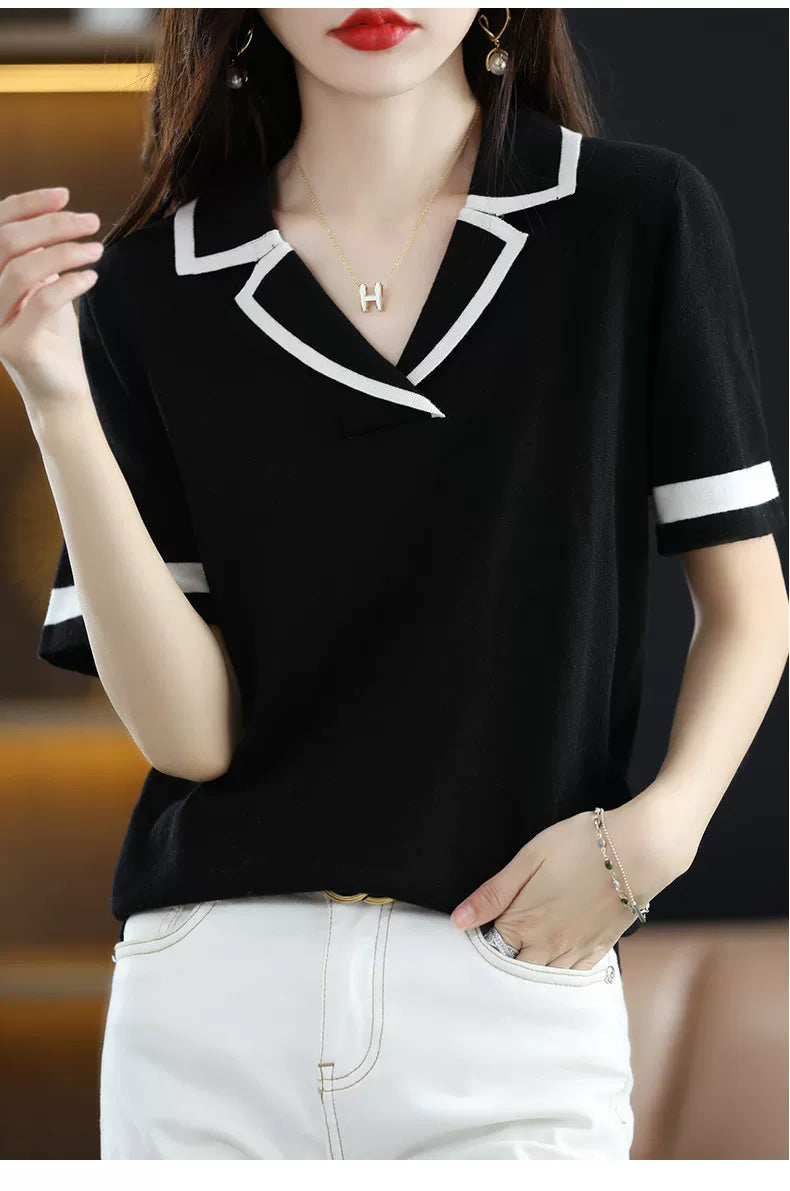 Relaxed V-Neck Knit Top with Contrast Trim