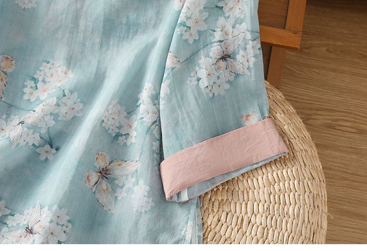 Floral Butterfly Print Three Quarter Sleeve Shirt
