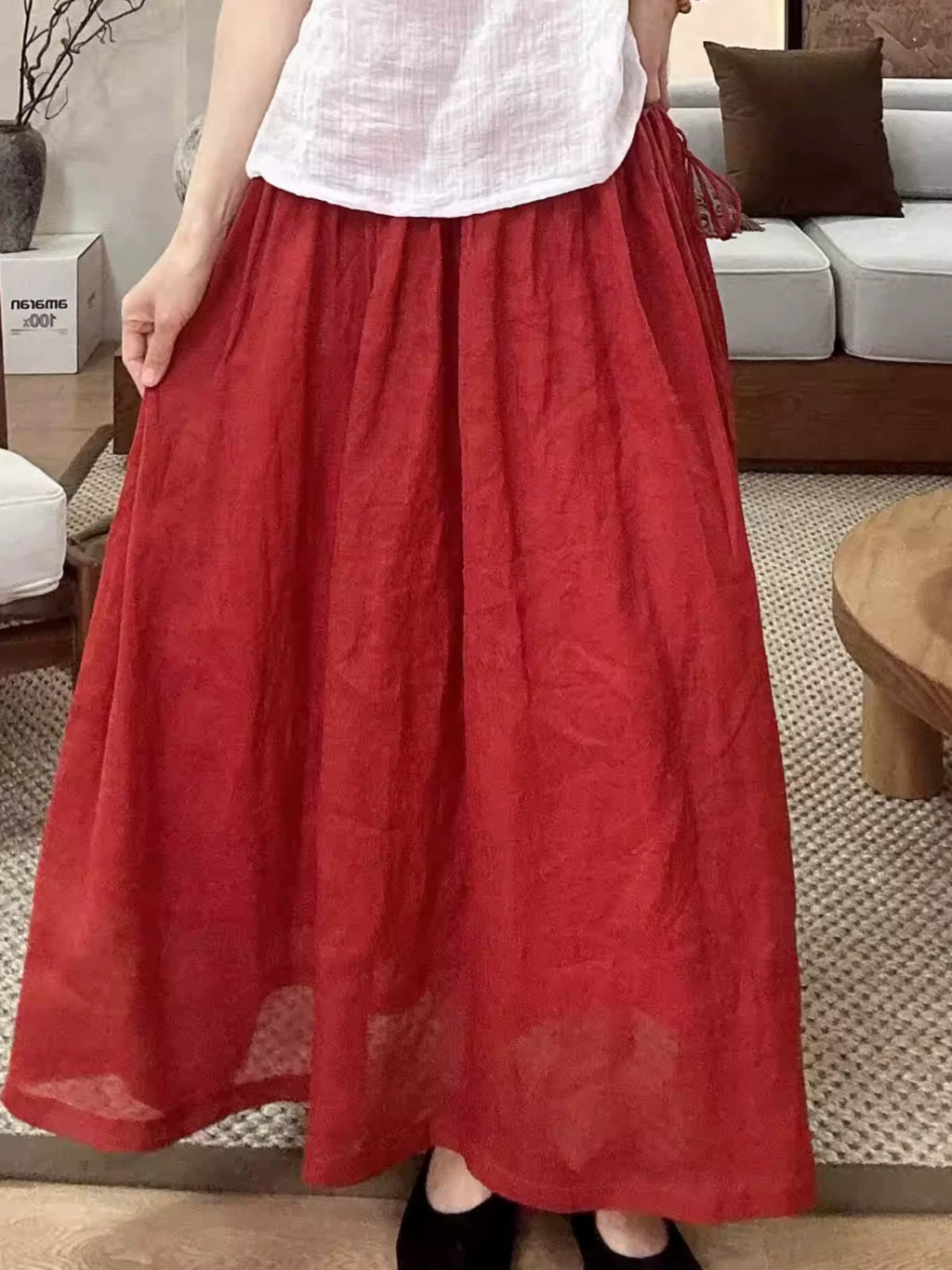春夏季纯色苎麻双层女装新中式文艺风百搭仙女飘逸宽松半身裙9005