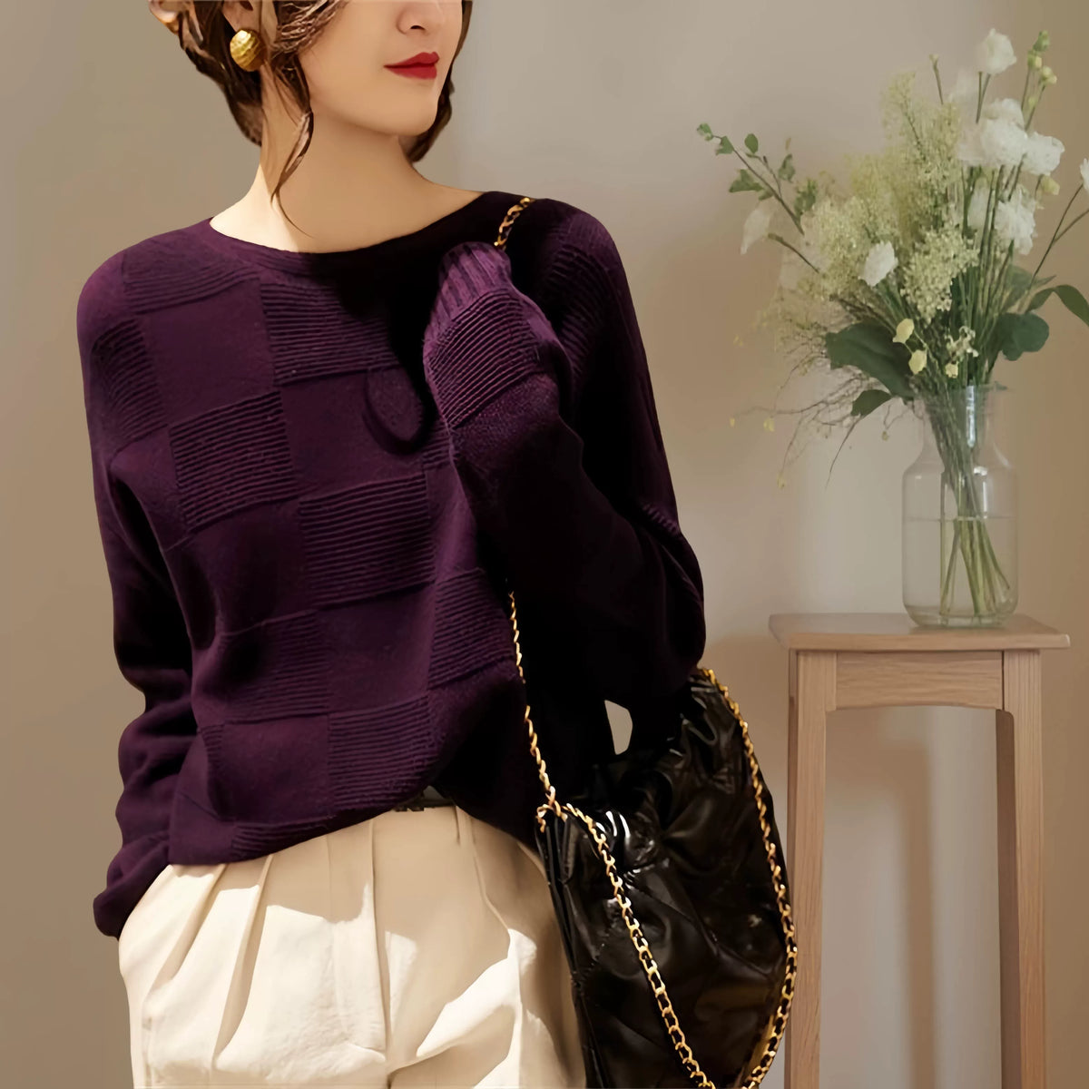 Relaxed Checkerboard Knit Top in Deep Purple